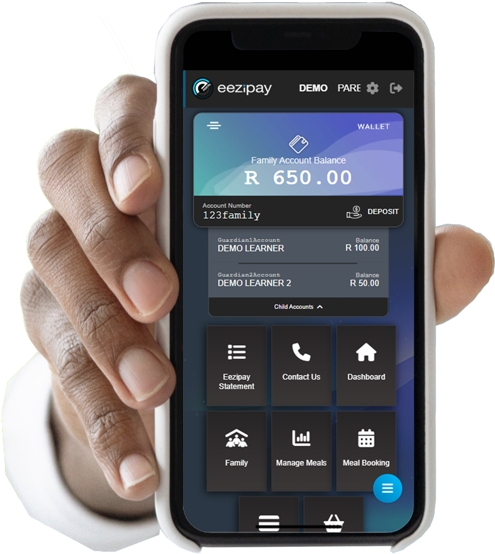 Eezipay-Cashless-Campus-Phone-Payment-Method Cashless Campus app can easily be accessed on a mobile phone in the palm of someone's hand